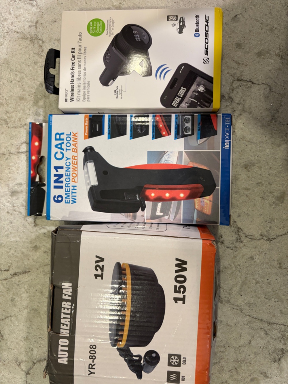6-in-1 Car Emergency Tool, auto heater fan and wireless hands free car kit